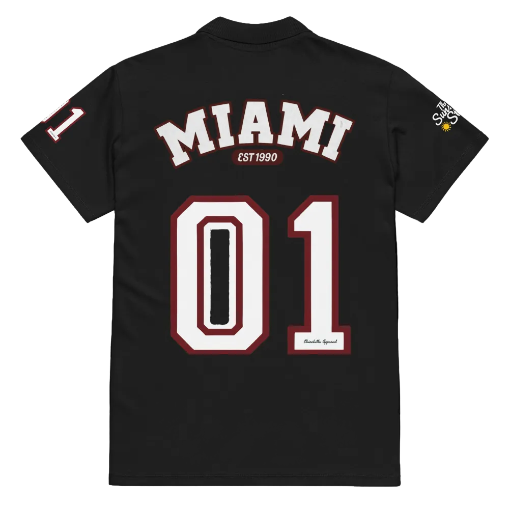 Black shirt with 'MIAMI EST 1990' and '01' printed on the back